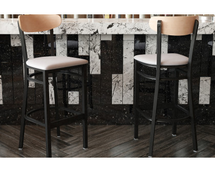 BLNK Wright Commercial Bar Stool Black Steel Frame with Natural Birch Finish Wooden Boomerang Back and Vinyl Seat - Gray