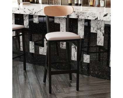 BLNK Wright Commercial Bar Stool Black Steel Frame with Natural Birch Finish Wooden Boomerang Back and Vinyl Seat - Gray