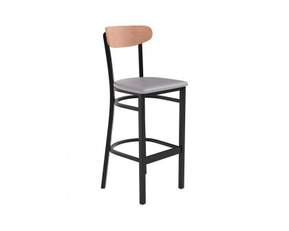 BLNK Wright Commercial Bar Stool Black Steel Frame with Natural Birch Finish Wooden Boomerang Back and Vinyl Seat - Gray