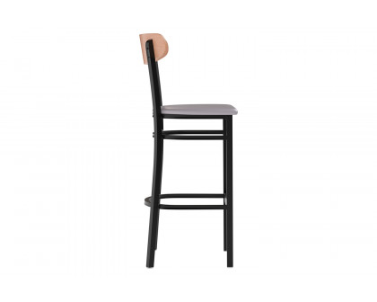 BLNK Wright Commercial Bar Stool Black Steel Frame with Natural Birch Finish Wooden Boomerang Back and Vinyl Seat - Gray