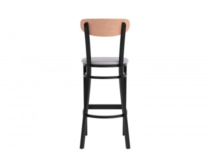 BLNK Wright Commercial Bar Stool Black Steel Frame with Natural Birch Finish Wooden Boomerang Back and Vinyl Seat - Gray