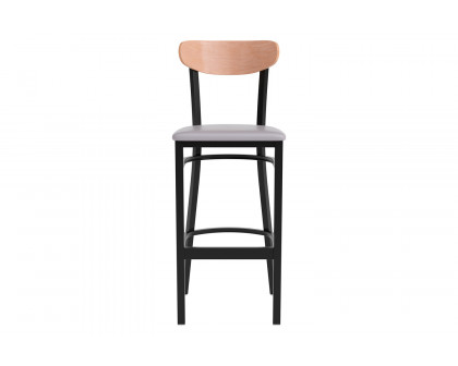 BLNK Wright Commercial Bar Stool Black Steel Frame with Natural Birch Finish Wooden Boomerang Back and Vinyl Seat - Gray