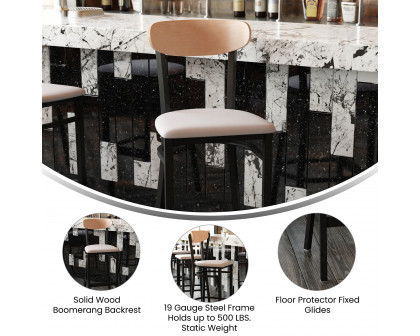 BLNK Wright Commercial Bar Stool Black Steel Frame with Natural Birch Finish Wooden Boomerang Back and Vinyl Seat - Gray