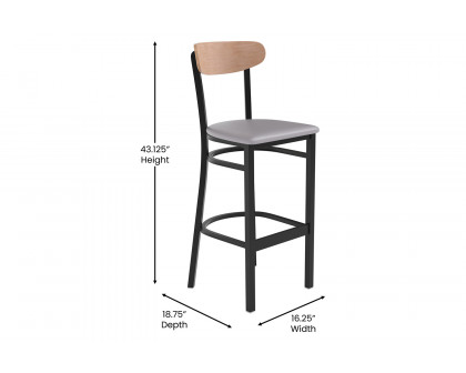 BLNK Wright Commercial Bar Stool Black Steel Frame with Natural Birch Finish Wooden Boomerang Back and Vinyl Seat - Gray