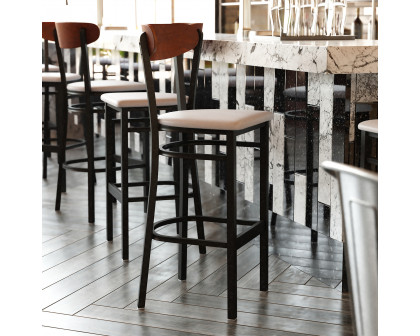 BLNK Wright Commercial Bar Stool Black Steel Frame with Walnut Finish Wooden Boomerang Back and Vinyl Seat