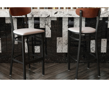 BLNK Wright Commercial Bar Stool Black Steel Frame with Walnut Finish Wooden Boomerang Back and Vinyl Seat - Gray