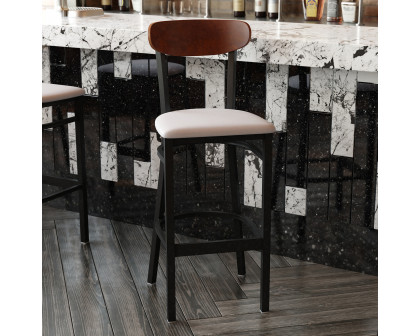 BLNK Wright Commercial Bar Stool Black Steel Frame with Walnut Finish Wooden Boomerang Back and Vinyl Seat - Gray