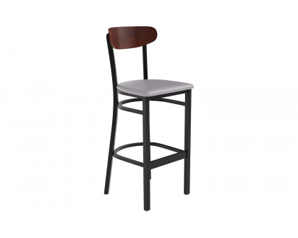 BLNK Wright Commercial Bar Stool Black Steel Frame with Walnut Finish Wooden Boomerang Back and Vinyl Seat - Gray