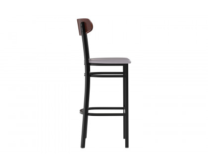 BLNK Wright Commercial Bar Stool Black Steel Frame with Walnut Finish Wooden Boomerang Back and Vinyl Seat - Gray