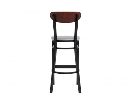 BLNK Wright Commercial Bar Stool Black Steel Frame with Walnut Finish Wooden Boomerang Back and Vinyl Seat - Gray