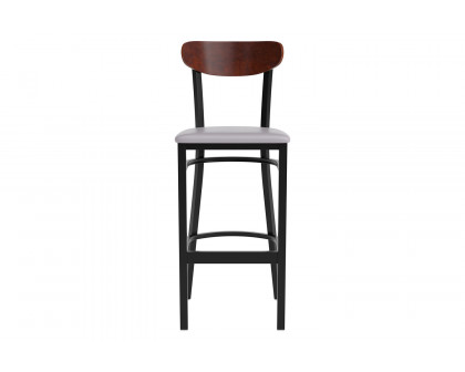 BLNK Wright Commercial Bar Stool Black Steel Frame with Walnut Finish Wooden Boomerang Back and Vinyl Seat - Gray