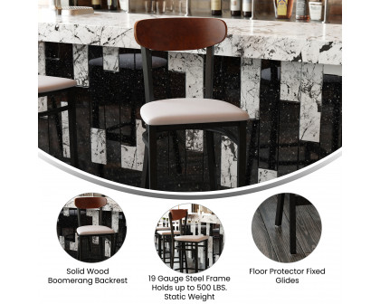 BLNK Wright Commercial Bar Stool Black Steel Frame with Walnut Finish Wooden Boomerang Back and Vinyl Seat - Gray