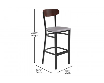 BLNK Wright Commercial Bar Stool Black Steel Frame with Walnut Finish Wooden Boomerang Back and Vinyl Seat - Gray