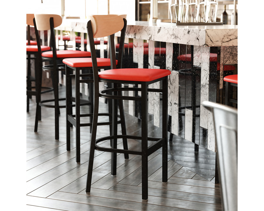 BLNK Wright Commercial Bar Stool Black Steel Frame with Natural Birch Finish Wooden Boomerang Back and Vinyl Seat - Red