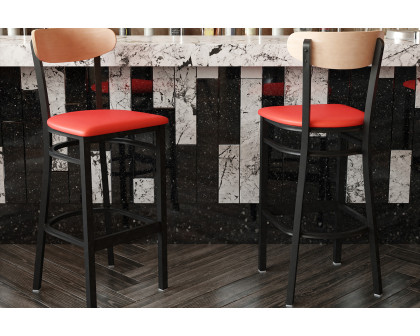 BLNK Wright Commercial Bar Stool Black Steel Frame with Natural Birch Finish Wooden Boomerang Back and Vinyl Seat - Red