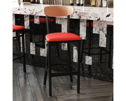 BLNK Wright Commercial Bar Stool Black Steel Frame with Natural Birch Finish Wooden Boomerang Back and Vinyl Seat - Red