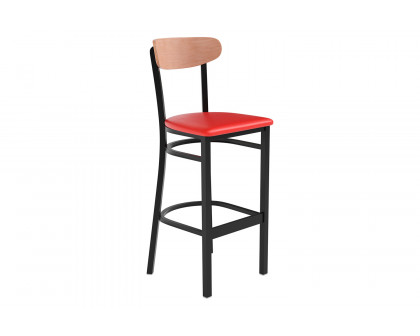 BLNK Wright Commercial Bar Stool Black Steel Frame with Natural Birch Finish Wooden Boomerang Back and Vinyl Seat - Red