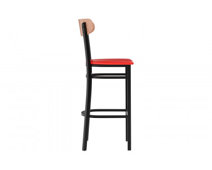 BLNK Wright Commercial Bar Stool Black Steel Frame with Natural Birch Finish Wooden Boomerang Back and Vinyl Seat - Red