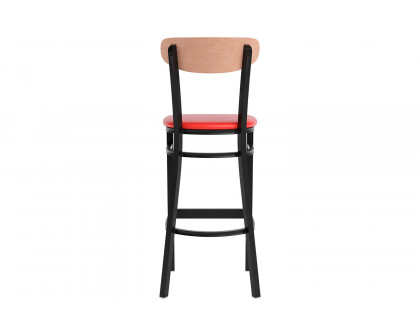 BLNK Wright Commercial Bar Stool Black Steel Frame with Natural Birch Finish Wooden Boomerang Back and Vinyl Seat - Red