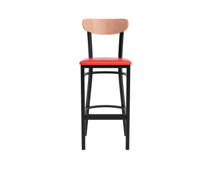 BLNK Wright Commercial Bar Stool Black Steel Frame with Natural Birch Finish Wooden Boomerang Back and Vinyl Seat - Red