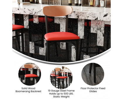 BLNK Wright Commercial Bar Stool Black Steel Frame with Natural Birch Finish Wooden Boomerang Back and Vinyl Seat - Red