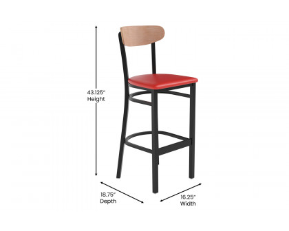 BLNK Wright Commercial Bar Stool Black Steel Frame with Natural Birch Finish Wooden Boomerang Back and Vinyl Seat - Red