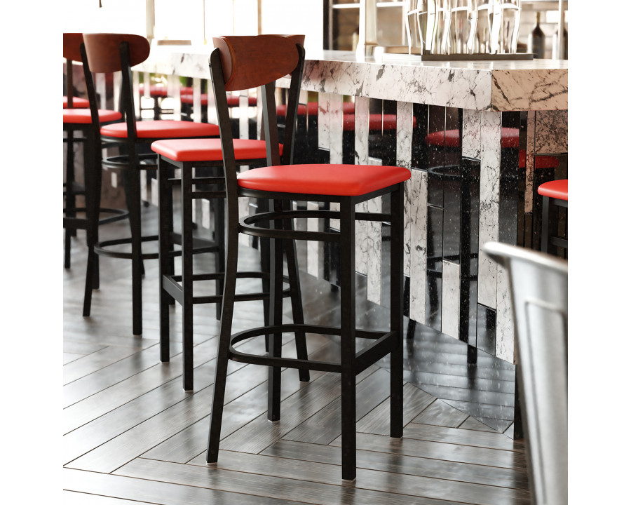 BLNK Wright Commercial Bar Stool Black Steel Frame with Walnut Finish Wooden Boomerang Back and Vinyl Seat