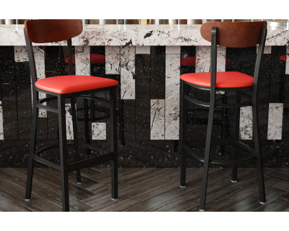 BLNK Wright Commercial Bar Stool Black Steel Frame with Walnut Finish Wooden Boomerang Back and Vinyl Seat