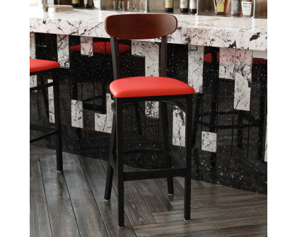 BLNK Wright Commercial Bar Stool Black Steel Frame with Walnut Finish Wooden Boomerang Back and Vinyl Seat - Red