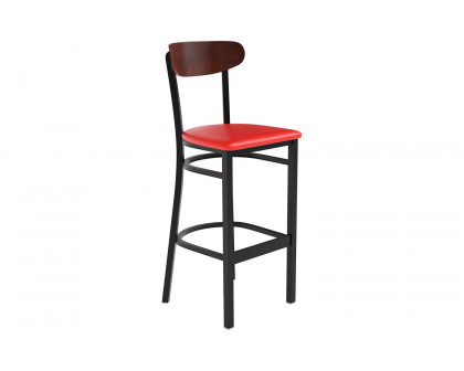 BLNK Wright Commercial Bar Stool Black Steel Frame with Walnut Finish Wooden Boomerang Back and Vinyl Seat - Red