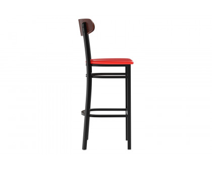 BLNK Wright Commercial Bar Stool Black Steel Frame with Walnut Finish Wooden Boomerang Back and Vinyl Seat - Red