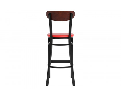 BLNK Wright Commercial Bar Stool Black Steel Frame with Walnut Finish Wooden Boomerang Back and Vinyl Seat - Red