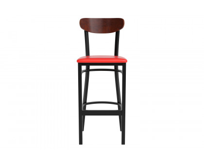 BLNK Wright Commercial Bar Stool Black Steel Frame with Walnut Finish Wooden Boomerang Back and Vinyl Seat - Red