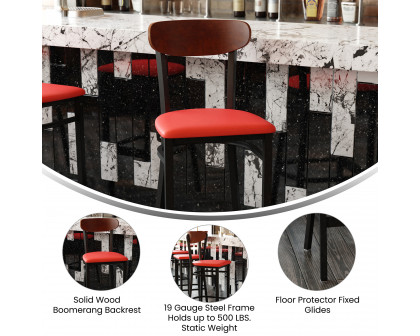 BLNK Wright Commercial Bar Stool Black Steel Frame with Walnut Finish Wooden Boomerang Back and Vinyl Seat - Red