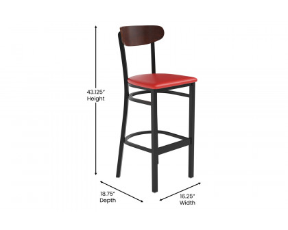 BLNK Wright Commercial Bar Stool Black Steel Frame with Walnut Finish Wooden Boomerang Back and Vinyl Seat - Red