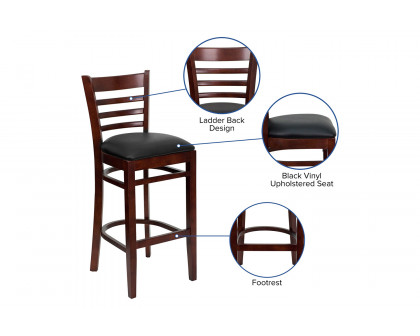 BLNK HERCULES Series Mahogany Wood Ladder Back Restaurant Bar Stool with Vinyl Seat - Black