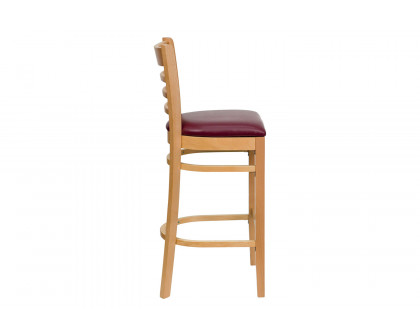 BLNK HERCULES Series Natural Wood Ladder Back Restaurant Bar Stool with Vinyl Seat - Burgundy