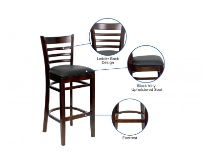 BLNK HERCULES Series Walnut Wood Ladder Back Restaurant Bar Stool with Vinyl Seat - Black