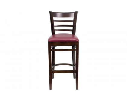 BLNK HERCULES Series Walnut Wood Ladder Back Restaurant Bar Stool with Vinyl Seat - Burgundy