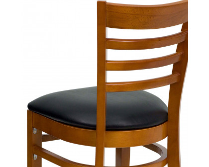 BLNK HERCULES Series Cherry Wood Ladder Back Restaurant Chair with Vinyl Seat - Black