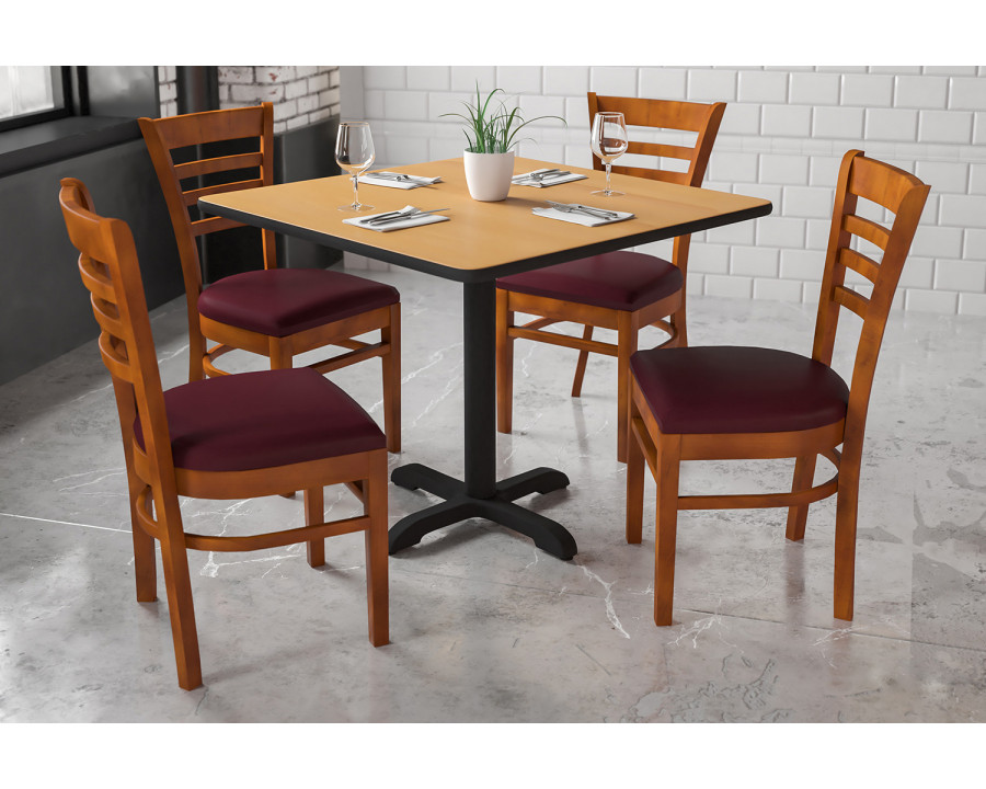 BLNK HERCULES Series Cherry Wood Ladder Back Restaurant Chair with Vinyl Seat - Burgundy