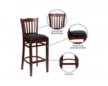 BLNK HERCULES Series Mahogany Wood Vertical Slat Back Restaurant Bar Stool with Vinyl Seat - Black