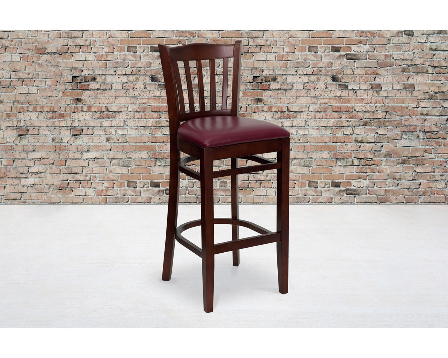 BLNK HERCULES Series Mahogany Wood Vertical Slat Back Restaurant Bar Stool with Vinyl Seat - Burgundy