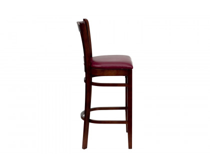 BLNK HERCULES Series Mahogany Wood Vertical Slat Back Restaurant Bar Stool with Vinyl Seat - Burgundy