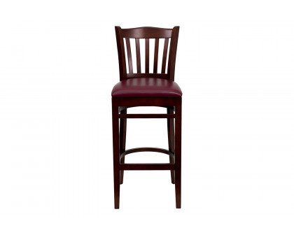 BLNK HERCULES Series Mahogany Wood Vertical Slat Back Restaurant Bar Stool with Vinyl Seat - Burgundy