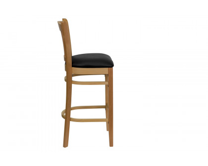 BLNK HERCULES Series Natural Wood Vertical Slat Back Restaurant Bar Stool with Vinyl Seat - Black