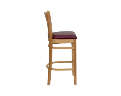 BLNK HERCULES Series Natural Wood Vertical Slat Back Restaurant Bar Stool with Vinyl Seat - Burgundy