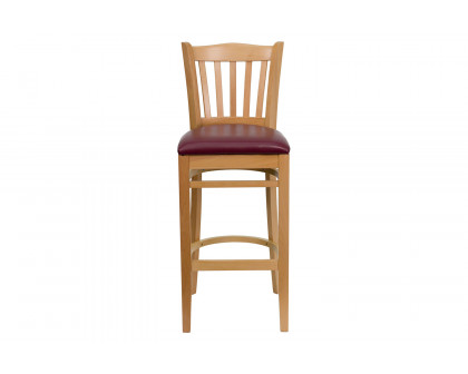 BLNK HERCULES Series Natural Wood Vertical Slat Back Restaurant Bar Stool with Vinyl Seat - Burgundy