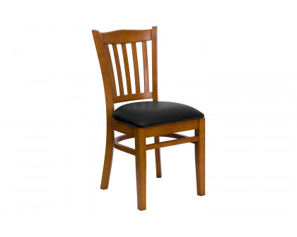 BLNK HERCULES Series Cherry Wood Vertical Slat Back Restaurant Chair with Vinyl Seat - Black