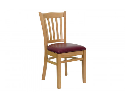 BLNK HERCULES Series Natural Wood Vertical Slat Back Restaurant Chair with Vinyl Seat - Burgundy